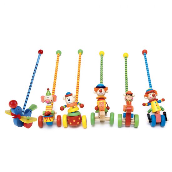 Дървена играчка за бутане - Клоун с барабан