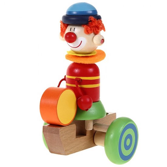 Дървена играчка за бутане - Клоун с барабан