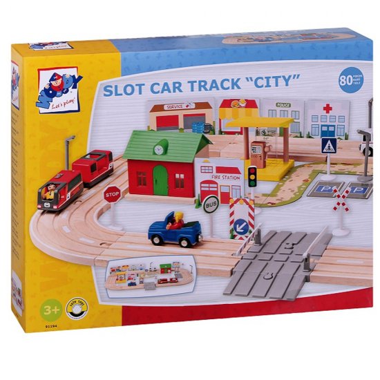 Дървен комплект с влакче и колички "Град", локомотив с батерия