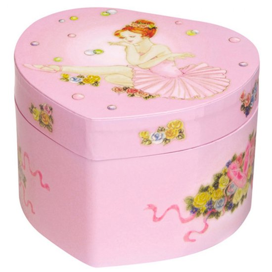 Дървена музикална кутия за бижута, Малко сърце с балерина с розово туту, Фигура Балерина