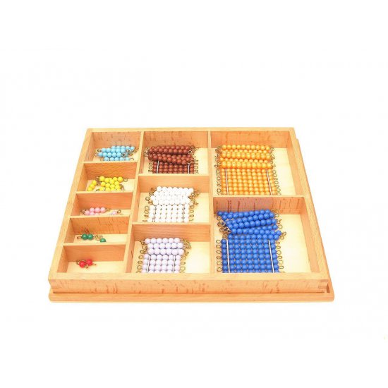 Цветни квадрати и вериги от нанизи от 1 до 10 в кутия - Монтесори материали