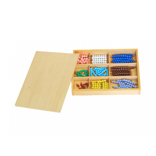 Цветни нанизи с мъниста в дървена кутия - Монтесори материали