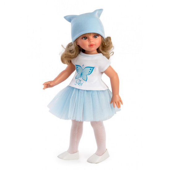 Кукла с бяла тениска с пеперуда и синя пола, Сабрина, 40 см