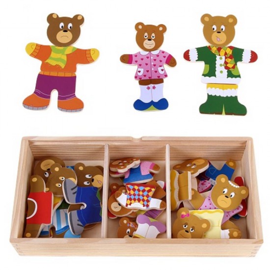 Дървени пъзели - Семейство мечета с дрехи