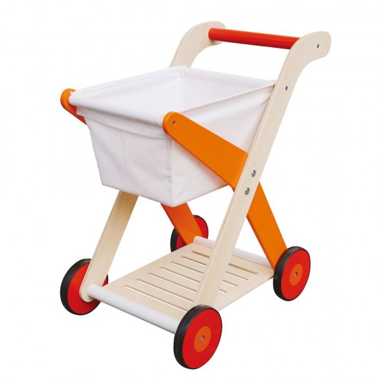 Дървена детска количка за пазаруване в оранжево