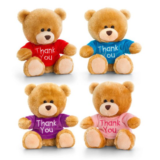 Плюшено мече със синя тениска, Thank you, 14 см