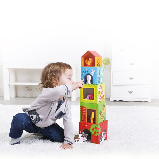 Tooky Toy, Ферма от картонени кубчета, с дървени животни