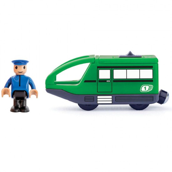 Зелен локомотив с машинист за влакче с релси - с батерии