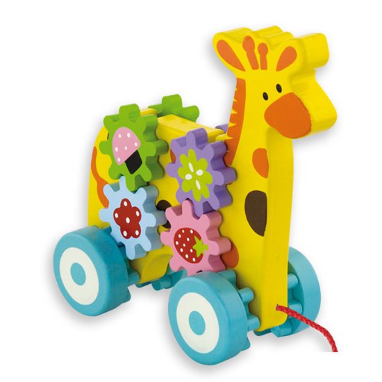 Дървена играчка за дърпане - жираф със зъбни колела