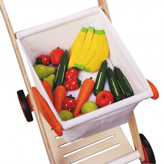 Дървена детска количка за пазаруване в оранжево