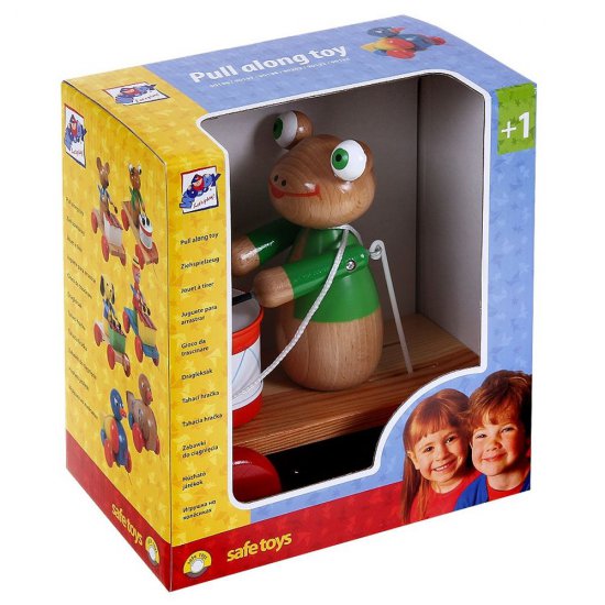 Дървена играчка за дърпане - Жаба с барабан