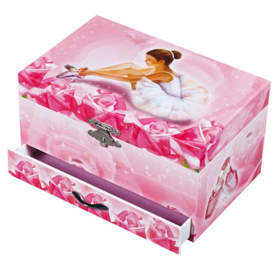 Дървена музикална кутия за бижута с чекмедже, Балерина, розова