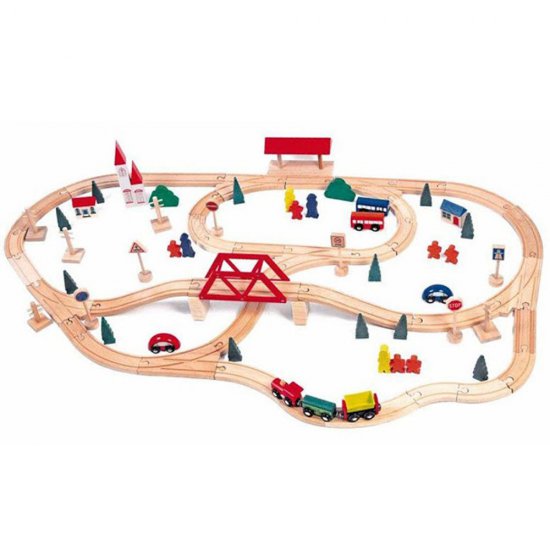 Дървено влакче с релси и мост, 90 части