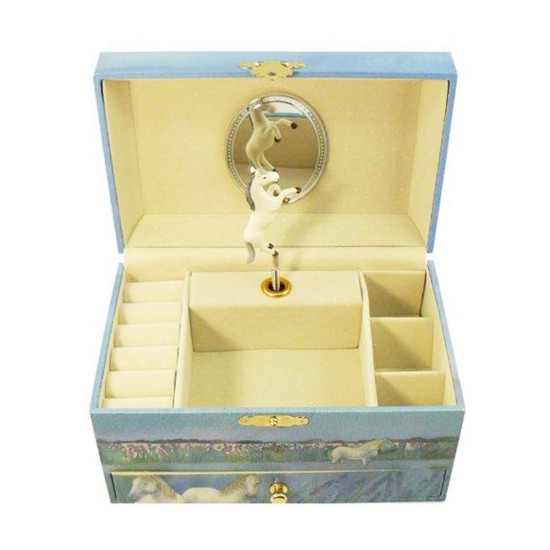 Голяма дървена музикална кутия за бижута с чекмедже, Бели коне Голяма дървена музикална кутия за бижута с чекмедже, Бели коне