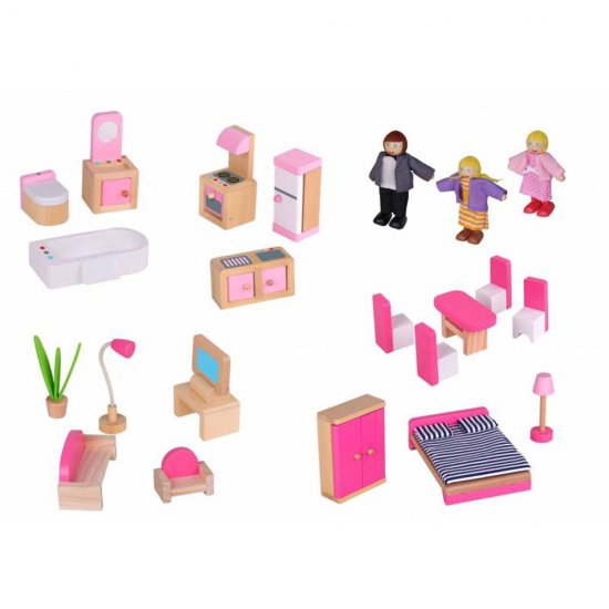 Дървена двуетажна къща за кукли с обзавеждане и кукли, Приказен свят 