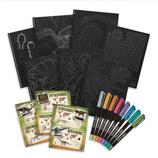 DinosArt, Книга за оцветяване с черни страници и металик флумастери, Динозаври