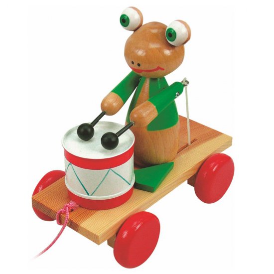 Дървена играчка за дърпане - Жаба с барабан