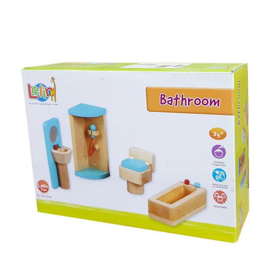 Дървено обзавеждане за баня за къща за кукли и игра