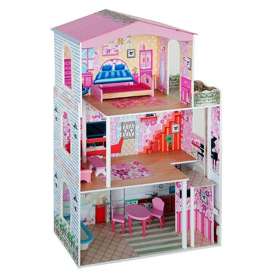 Дървена къща за кукли с асансьор - обзаведена