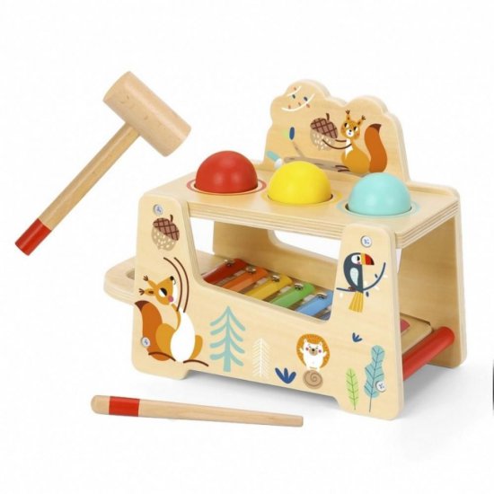 Дървен детски ксилофон с топки и чукче, Горски свят