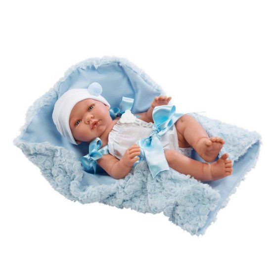 Кукла-бебе със сини панделки и одеяло, Пабло, 43 см