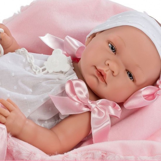 Кукла-бебе Мария, с бяло гащеризонче и розово одеало