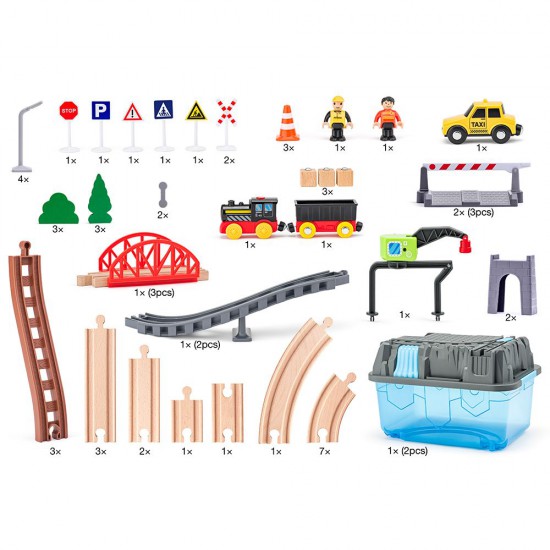 Woodyland, Комплект миньорско влакче с батерии, 63 части