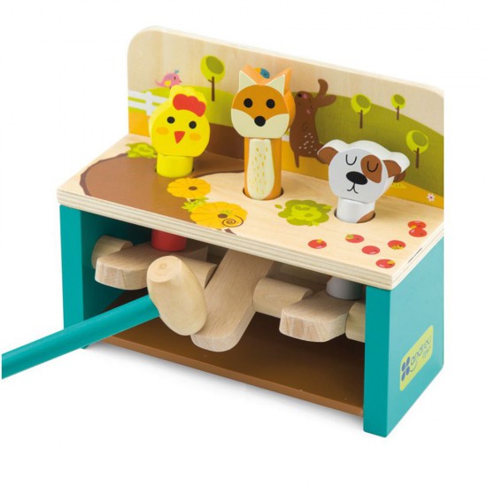 Дървена игра с чукче, Подскачащи животни - петле, лисица, куче