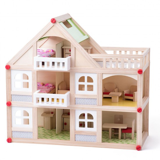 Триетажна дървена къща, с балкони, с аксесоари и кукли