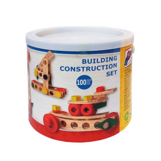 Дървен конструктор с болтчета и гайки в кофа - 100 части