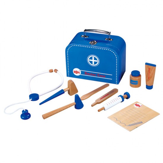 Лекарски комплект с дървени аксесоари в син куфар