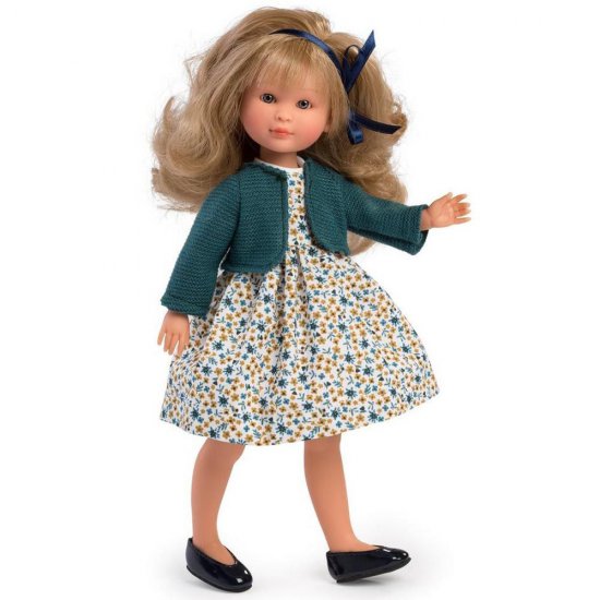 Кукла с цветна рокля и плетена жилетка, Силия, 30 см