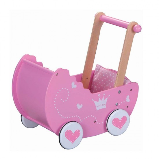 Дървена количка за кукли в розово