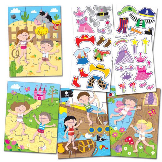 Детски пъзел със стикери, 4 пъзела с 12 елемента, Облечи ме