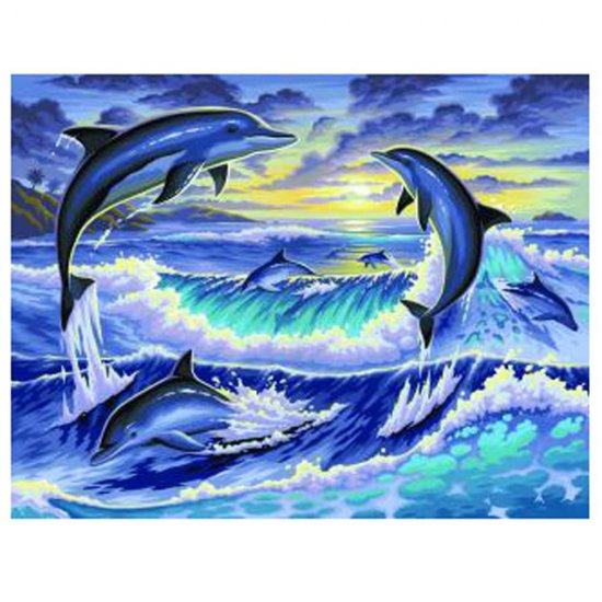 Рисуване по номера, голям размер, Изгрев с делфини