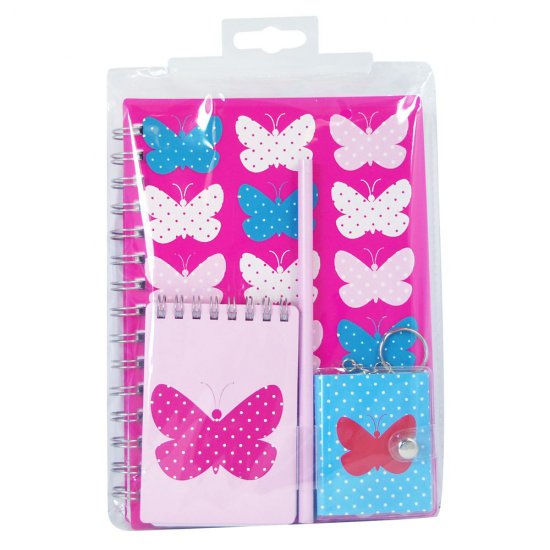 Комплект тефтерчета, ключодържател и химикалка "Пеперуда"