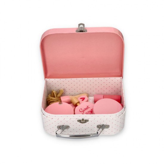 Дърено розово куфарче с принадлежности за суетни малки дами